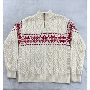Aran Sweater Market Quarter Zip Men Medium Cream Merino Wool Fair Isle